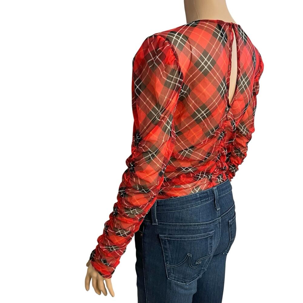 Victorias Secret Sheer Tartan Plaid Mesh Bodysuit Medium Ruched Long Sleeve Red - Picture 3 of 9